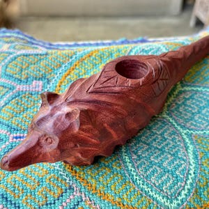 Wolf Totem Pipe, Hand Carved Palo Sangre Wood Tobacco Pipe for Shamanic Ceremony, Made in Pucallpa, Peru by Betson Macawashi