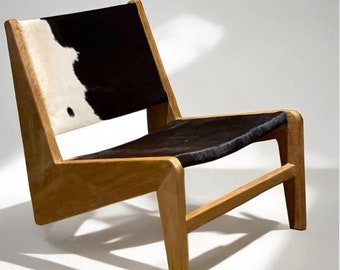 Black and white cowhide leather living room chair -  Teak Wood frame | Handmade, fully assembled Lounge Chair