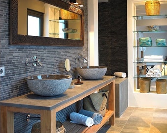 Wooden Double Bathroom Vanity | Natural Teak Modern Design | W/ Lava stone top - Free Shipping