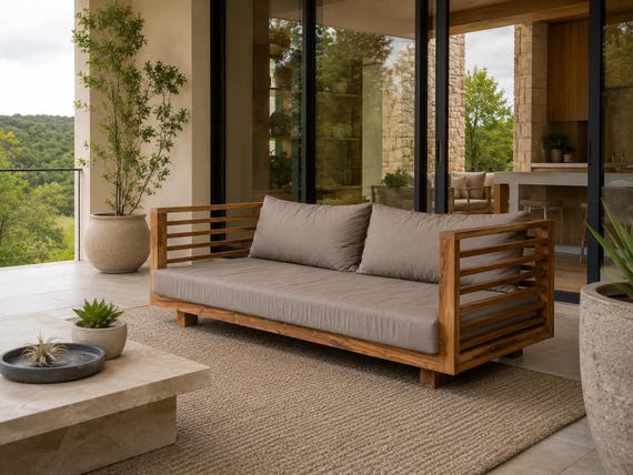 98” Solid Teak Indoor Outdoor Sofa with Cushions – Coastal Covered Patio Couch, Resort Style Teak Lounge Sofa