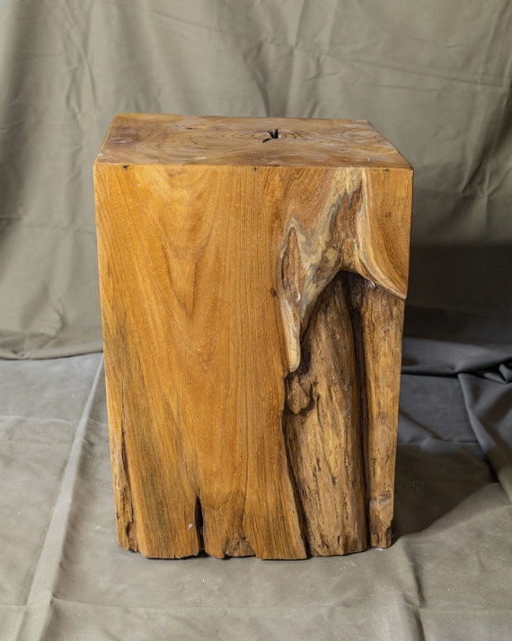 Square Solid Teak Wood Side Table Natural Tree Stump Stool or End Table 1 17 H x 12.25 W x 12.25 D Etsy
