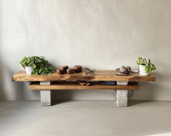 Solid Wood Low or TV Console with Limestone Legs - Minimalist Rustic Design