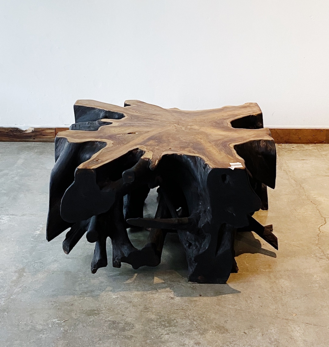 レイヴ RAVE 構築済みデッキ　復活の黒い狼煙　当時物　レトロ Fire Burnt Black Teak Wood Root Coffee Table , Wabi Sabi Style