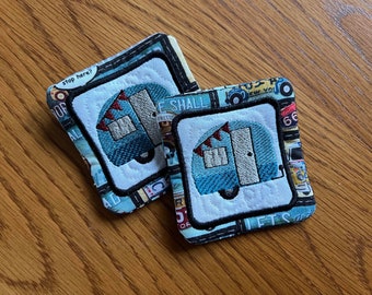 Adorable camper coasters. Machine embroidered. Great to use while camping or when you are at home dreaming of being camping.  Two coaster.