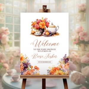Plantilla de signo de bienvenida de fiesta de té de baby shower de otoño, par-té de otoño, té alto, plantilla editable, descarga instantánea, signo de flores de otoño, BYSH012