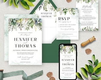 Greenery Wedding Invitation Template, Botanical Greens Printable Invite, Elegant Wedding Editable Design Download, Invitation Suite, 002 GRN