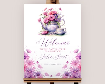Baby Shower Tea Party Welcome Sign Template, Baby is Brewing Sign, Floral Par-tea, High Tea, Editable Template, Instant Download, BYSH005