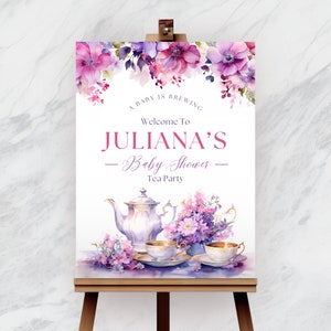 Baby Shower Tea Party Welcome Sign Template, Baby is Brewing Sign, Floral Par-tea, High Tea, Editable Template, Instant Download, BYSH007