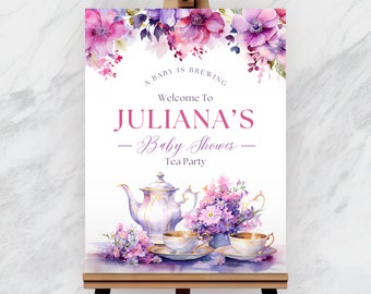 Baby Shower Tea Party Welcome Sign Template, Baby is Brewing Sign, Floral Par-tea, High Tea, Editable Template, Instant Download, BYSH007