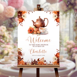 Plantilla de signo de bienvenida de fiesta de té de baby shower de otoño, té par de otoño, té alto, plantilla editable, descarga instantánea, signo de flores de otoño, BYSH010