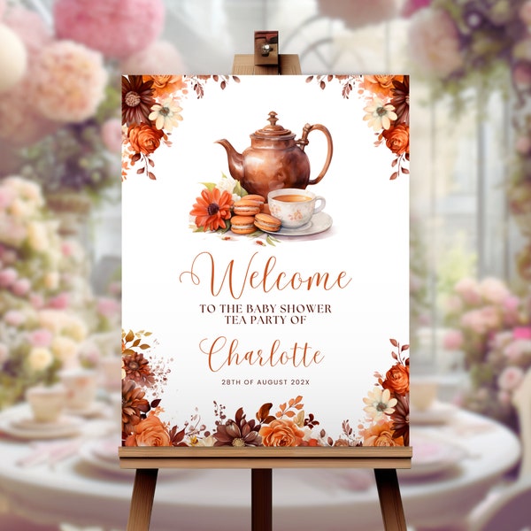 Fall Baby Shower Tea Party Welcome Sign Template, Autumn Par-tea, High Tea, Editable Template, Instant Download, Fall Florals Sign, BYSH010