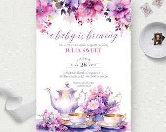 May include: A baby shower invitation with watercolor floral accents. The invitation features the text "a baby is brewing" and details for a tea party honoring Julia Sweet. The design includes a teapot, teacups, and flowers in shades of purple and pink.