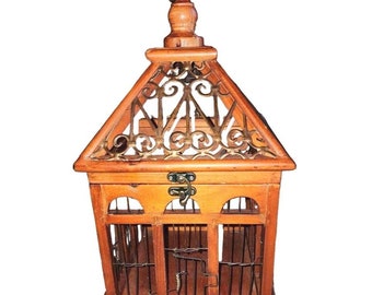 Vintage Wooden Bird Cage 9x16x9 Top Opens Bird Door Metal Wood Wire Unique SfPf Home Like New •78