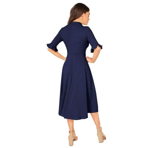 Navy Blue Mock Neck Half Sleeve A-Line Midi Dress With Ruffle Cuffs