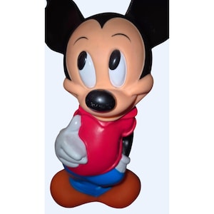 Vintage Mickey Mouse Coin Bank Disney Collectible Red Shirt Blue Pants Plastic Figure 11&quot; Tall
