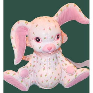 Vintage Ceramic Bunny Rabbit With Pink Flower Accents Kitsch Ribbon
