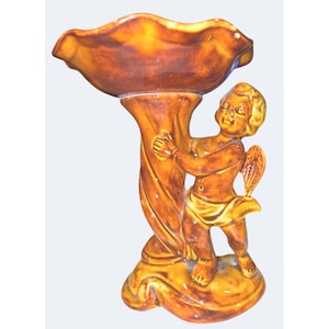 Vintage Ceramic Cherub Pedestal Compote Bowl With Glossy Amber Finish Atlantic Mold
