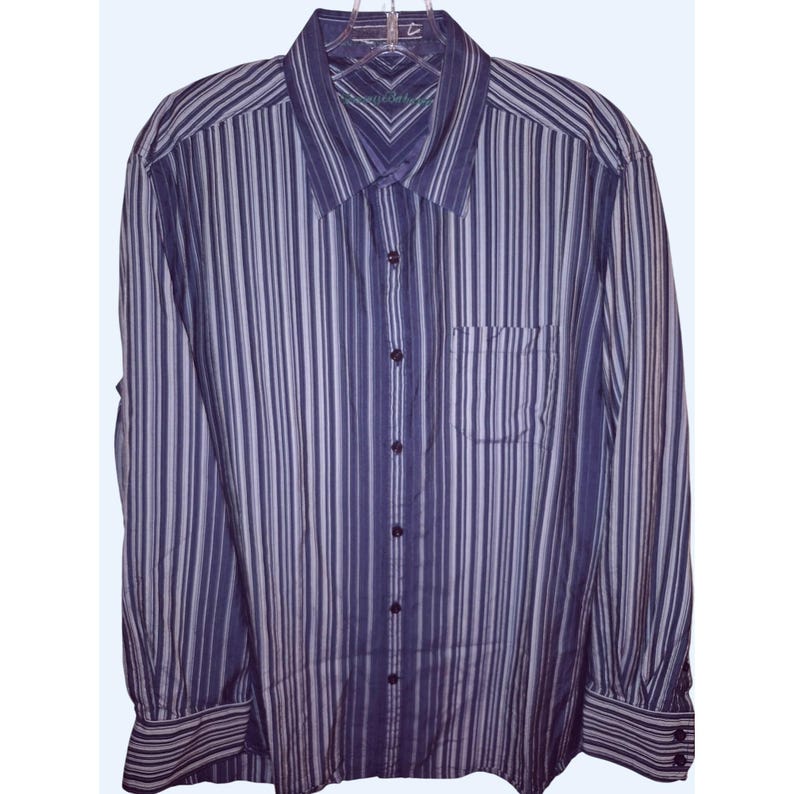 Tommy Bahama Mens Medium 100% Silk Navy Striped Button-Up Long Sleeve Shirt image 1