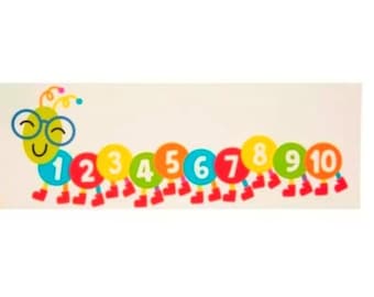 May include: A colorful caterpillar illustration with numbers 1 through 10 on its body. The caterpillar has a smiling face with glasses and red feet. The numbers are on circular segments in various colors.