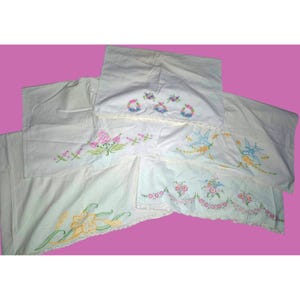 Vintage Hand-Embroidered Pillowcases Floral Bird Motifs White Cotton Lace Trim Set Of 5