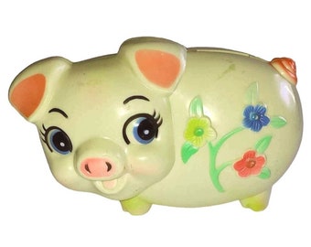 1977 Piggy Bank Sanitoy Vintage Adorable Flowers Plastic Kitschy Original Stopper Gift Collector•A