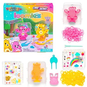 May include: A Rainbow Loomies rubber band DIY kit featuring Care Bears. The kit includes a box with Cheer Bear and Funshine Bear figures, accessories, and 310 pieces. Additional components include pink rubber bands, a loom, and various decorative elements.