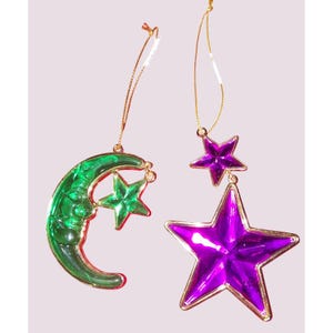 Adornos navideños vintage de luna y estrella en verde y morado de 10 cm (4 pulgadas), brillantes y reflectantes (juego de 2).