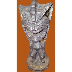 Vintage Hand-Carved Wooden Hawaiian Tiki Figurine With Intricate Details & Base Inscribed &quot;Hawaii&quot;