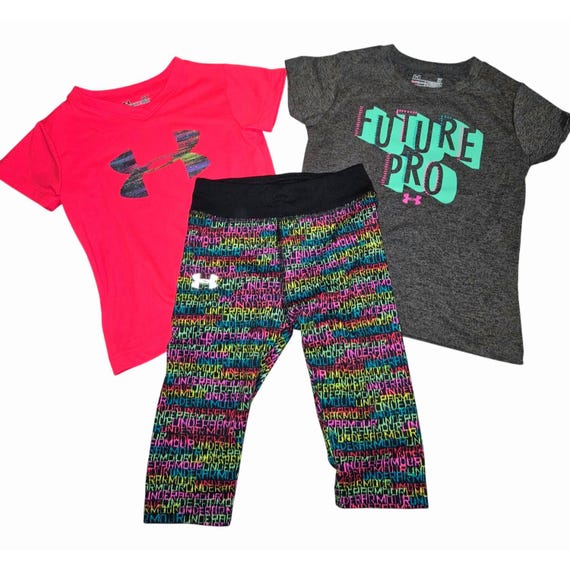 Under Armour Girls 4-Piece Set: Graphic Tees Red Gray  Multicolor Leggings  Nike Dri-Fit Blue/Pink Shorts For 2-3 Yrs
