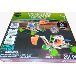 May include: A Science Squad Digger and Excavator metal construction kit box featuring 281 pieces. The packaging displays two assembled metal excavators with orange buckets and green wheels, along with text indicating it includes a screwdriver and wrench.