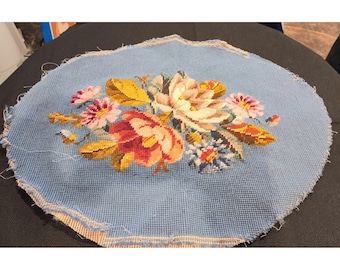 Handmade Vintage Floral Needlepoint Tapestry Round 16x20&quot; Antique Victorian Multi-Color Flowers Frayed Edges