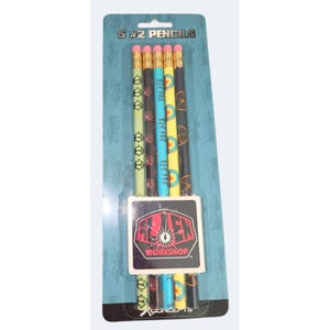 May include: A pack of five #2 pencils on a blue backing card with the text 5 #2 PENCILS and ALIEN WORKSHOP. The pencils feature various colors including light green, black, turquoise, and yellow, each decorated with distinct graphic patterns.