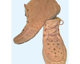 Sporto Womens 10w Brown Suede Lace-Up Ankle Boots Moccasins Gold Accents AE