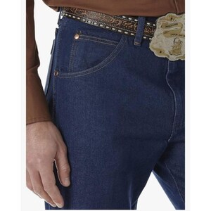 May include: Close-up of dark blue denim jeans with a brown leather belt featuring a decorative pattern and a gold-colored belt buckle. The jeans have classic five-pocket styling and copper-colored rivets.