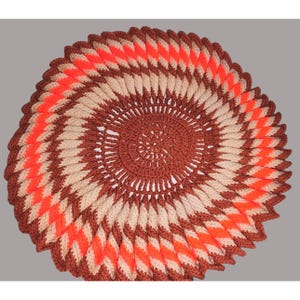 Handmade Crochet Round Doily - Large 24&quot; - Vibrant Orange Brown & Cream Chevron Pattern - Home Decor