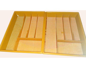 Set Of 2 Vintage Yellow Plastic Cutlery Trays With Dividers For Kitchen Organization