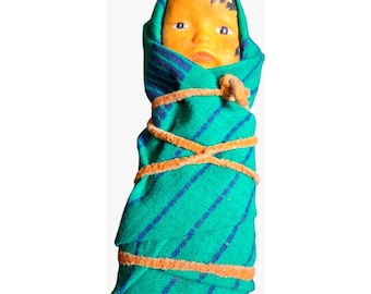 Handmade Skookum Indigenous Baby Doll Wrapped In Green Striped Cloth With Orange Tie - Folk Art Collectible