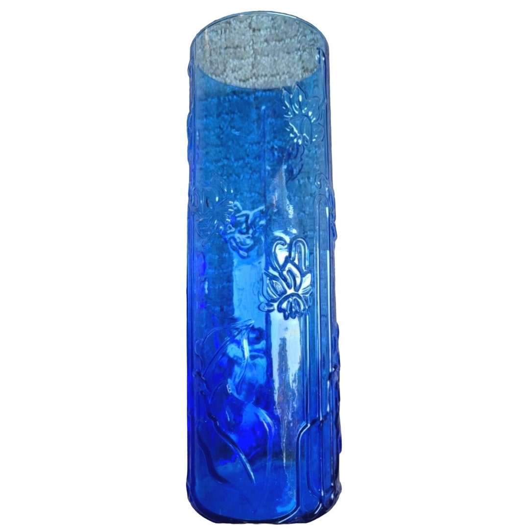Cobalt Blue Glass Cylinder Vase With Embossed Daffodils in Relief - 9.5 ...