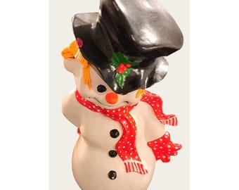 Vintage Ceramic Snowman Figurine With Polka Dot Scarf  Top Hat Decoration