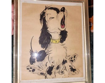 RARO• Arte de cachorro enmarcado vintage Marco de Lucite Kitsch de mediados de siglo Ecléctico