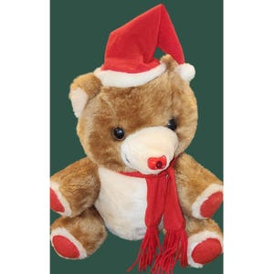 Vintage Christmas Teddy Bear Plush Toy Red Santa Hat & Scarf