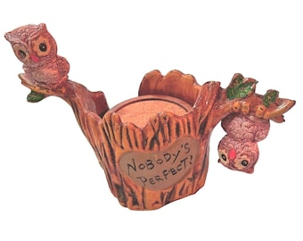 Ceramic Owl Coaster Holder "Nobodys Perfect!" Vintage Retro Kitsch
