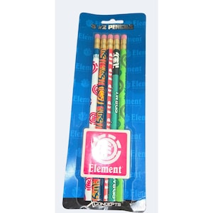 May include: A pack of five wooden pencils with pink erasers, each featuring distinct colorful patterns and the Element brand logo. The packaging is a blue cardboard backing with the text #2 PENCILS and a pink label with the Element logo.