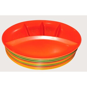 May include: A stack of colourful, divided plates. The top plate is a vibrant orange, with three sections. Beneath it, other plates in shades of green, yellow, and orange are visible. These plates are designed for portion control and are ideal for serving meals.