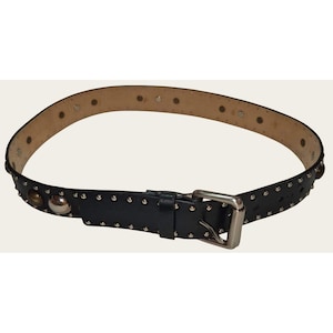 Black Leather Studded Belt With Metal Buckle Rivets Medium Durable