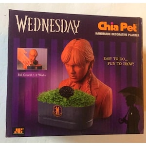 May include: A Chia Pet planter featuring a terracotta-colored bust of Wednesday Addams. The planter is filled with green sprouts and has the text "WEDNESDAY" and "Chia Pet" on the box. The box also includes the text "HANDMADE DECORATIVE PLANTER".
