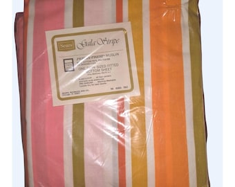 Sábana ajustable Sears Gala Stripe Twin Bright NOS Kitschy Vintage Ecléctica Nueva