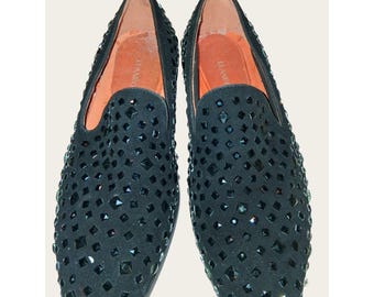 Elanroman Mens Black Rhinestone Studded Velvet Loafers  40/7