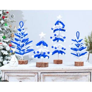New 4 Piece Small Christmas Trees Wooden Base Home Decor Blue White
