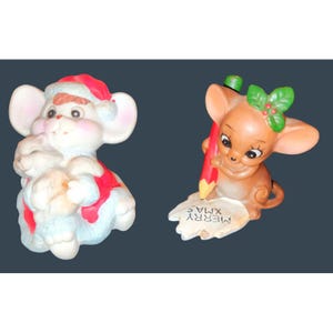 Conjunto de estatuetas vintage de rato de Natal com detalhes festivos